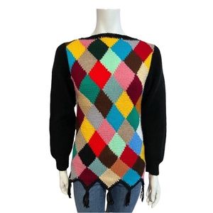 VINTAGE Hand Knit Cottagecore Colour Block Argyle Statement Sweater